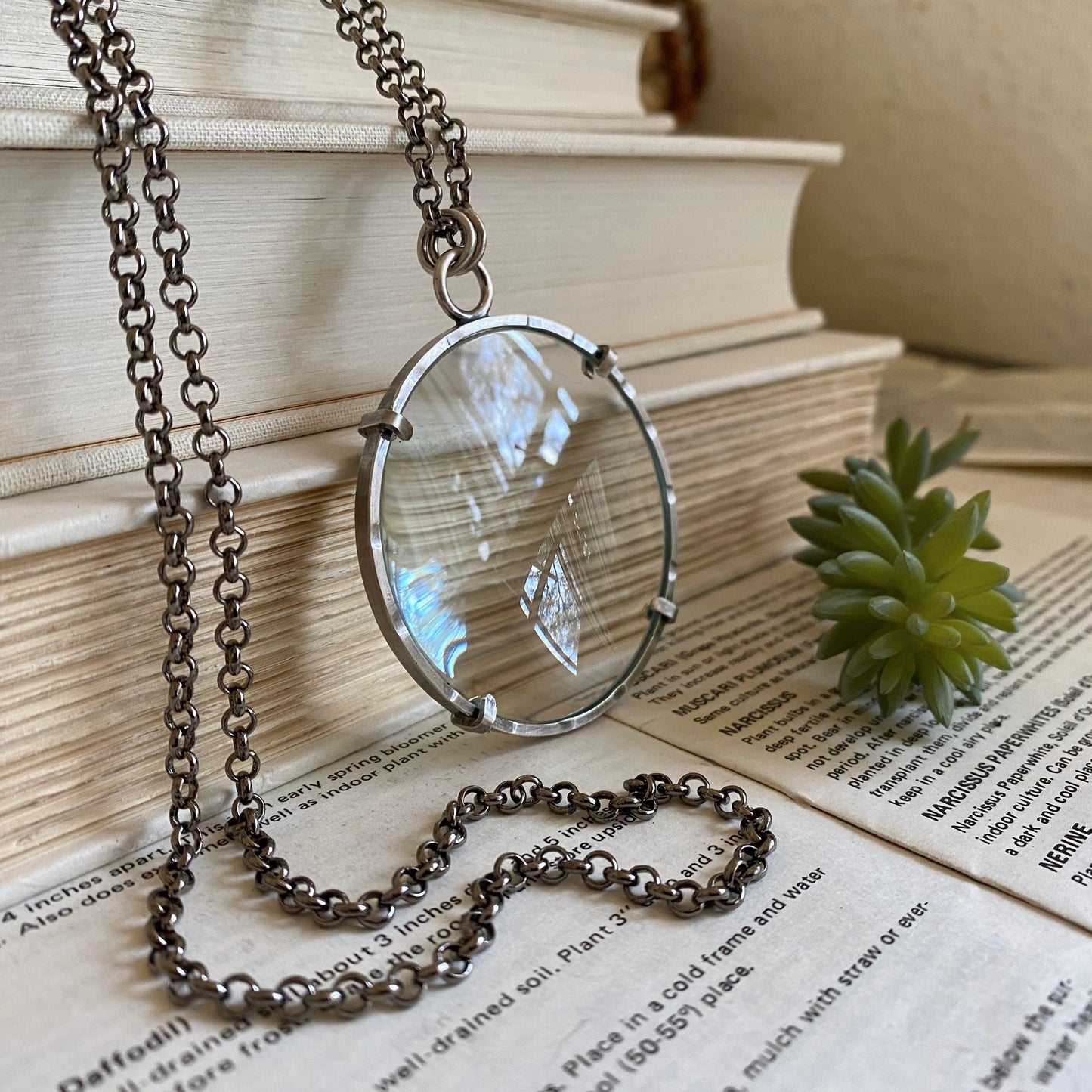 5x Magnifying Glass Monocle Necklace - Sterling Silver - Large 2" Lens