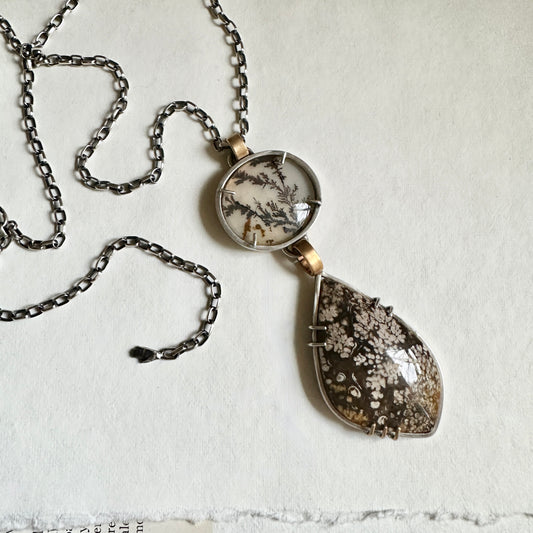 Dendritic Agate & Plume Agate Statement Necklace - Sterling & Vintage Brass