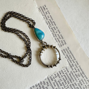 5x Magnifying Glass Monocle Necklace - Sterling w/ Brass & Turquoise - Mini 1" Lens