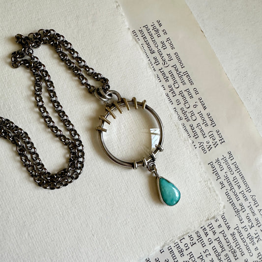 5x Magnifying Glass Monocle Necklace - Sterling w/ Brass & Turquoise - Mini 1" Lens