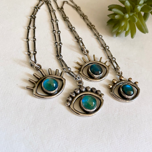 MOOD STONE Eye Necklace - Color-Changing GEMSTONE Mood Jewelry - Sterling, Moonstone & Labradorite