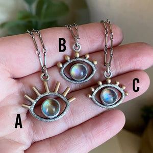 MOOD STONE Eye Necklace - Color-Changing GEMSTONE Mood Jewelry - Sterling, Moonstone & Labradorite