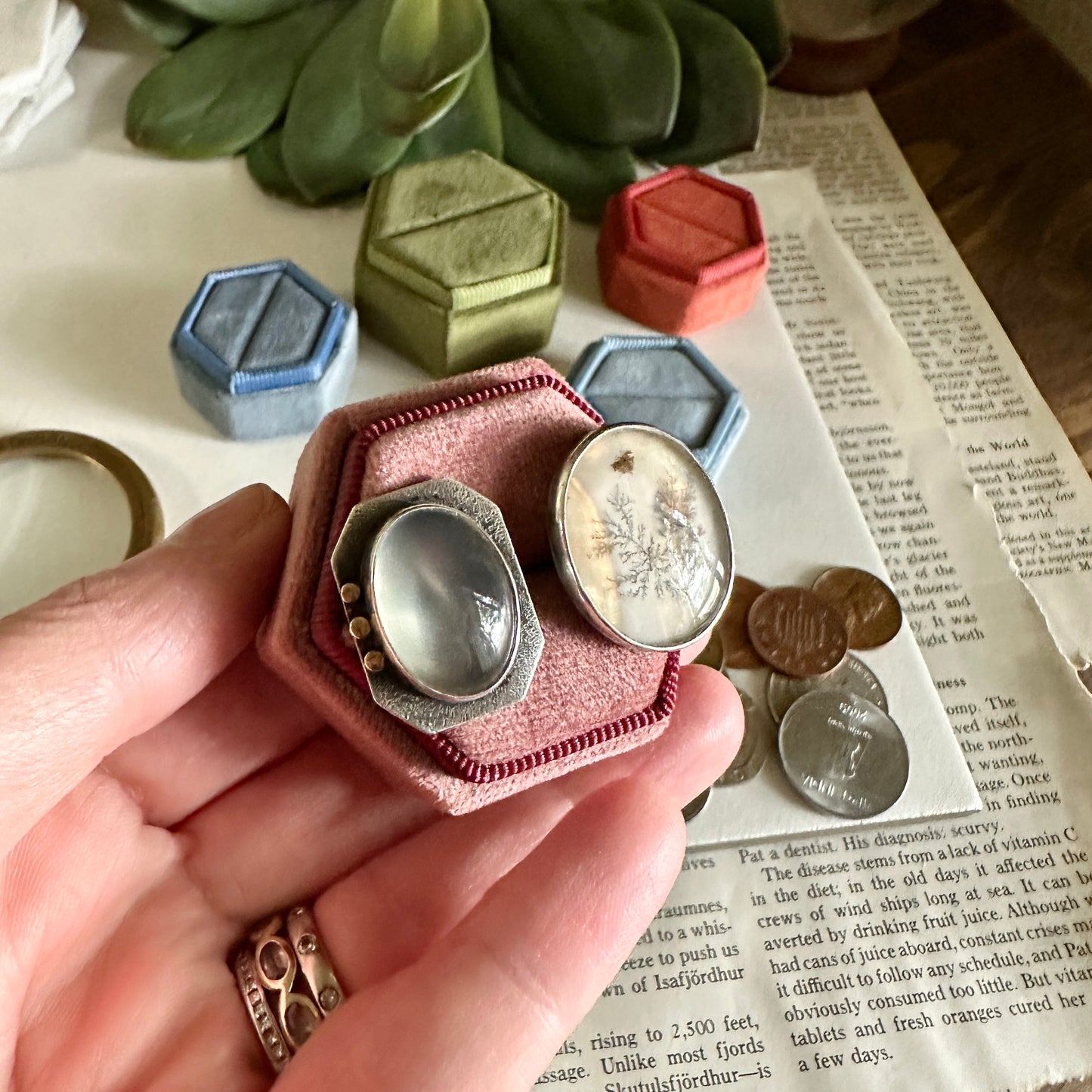 Dendritic Agate & Green Moonstone Ring - 18k & Sterling - Adjustable Sz 5/6