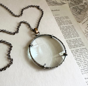 5x Magnifying Glass Monocle Necklace - Sterling w/ Brass - Large 2" Lens