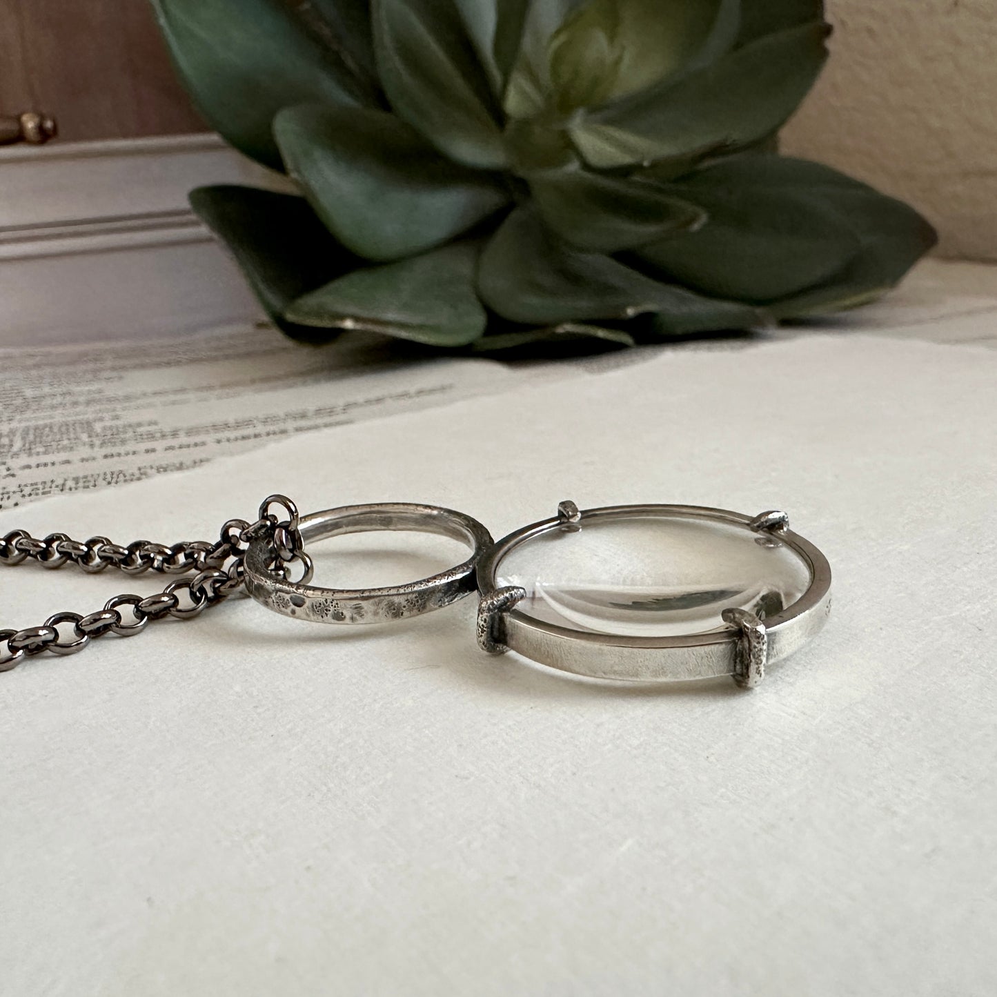 5x Magnifying Glass Monocle Necklace - Sterling w/ RING HANDLE - Mini 1" Lens
