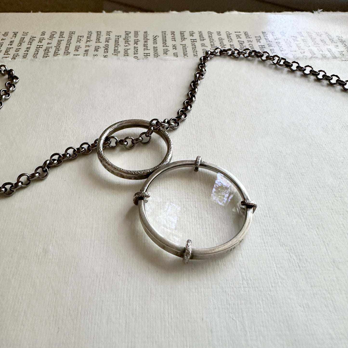 5x Magnifying Glass Monocle Necklace - Sterling w/ RING HANDLE - Mini 1" Lens