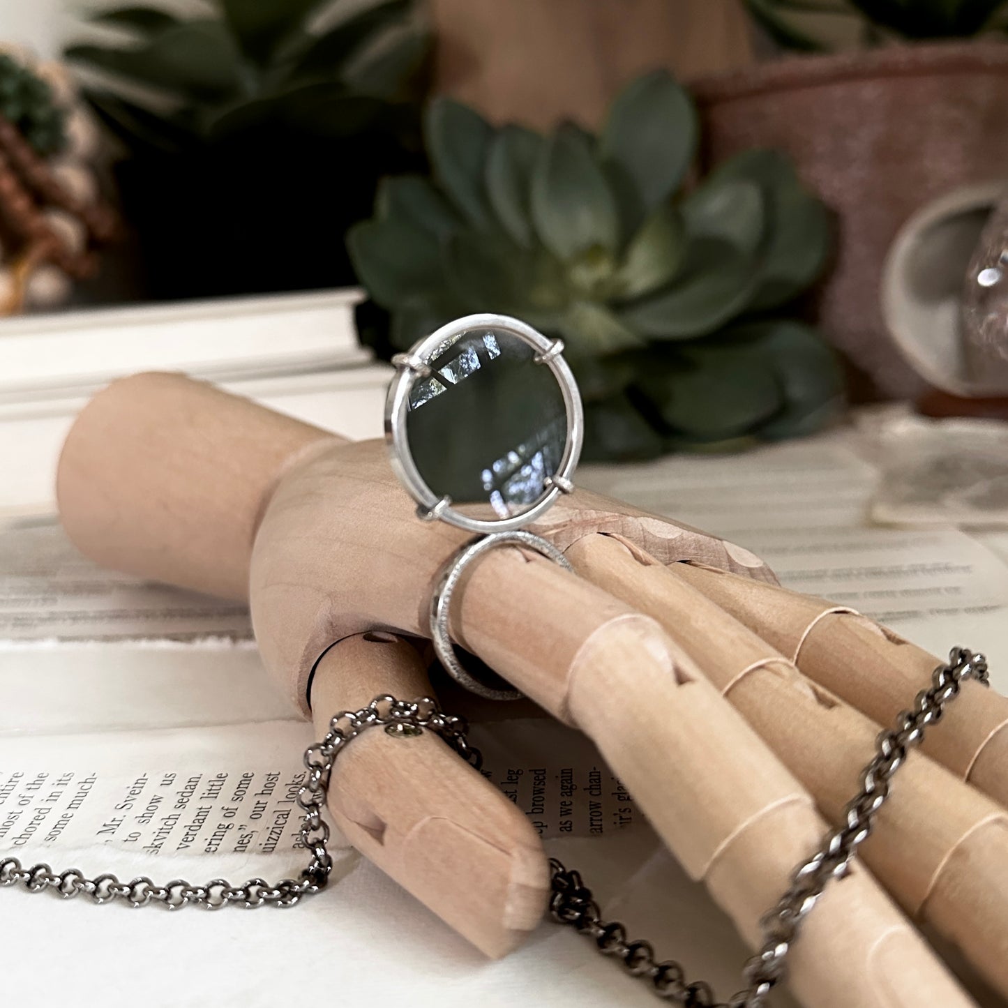 5x Magnifying Glass Monocle Necklace - Sterling w/ RING HANDLE - Mini 1" Lens