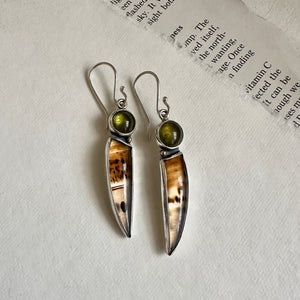Narmada River Agate and Peridot Convertible Earrings - Sterling, 18K & Removable Leather Feathers