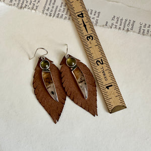 Narmada River Agate and Peridot Convertible Earrings - Sterling, 18K & Removable Leather Feathers