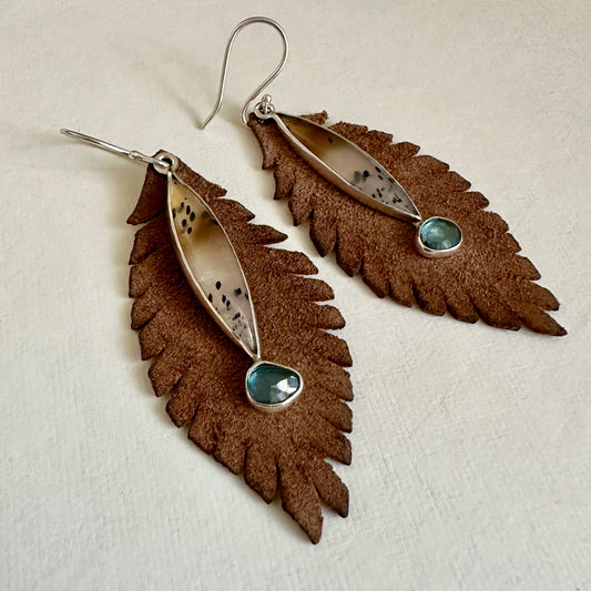 Convertible Narmada River Agate & London Blue Topaz Earrings - Sterling & Removable Leather Feathers