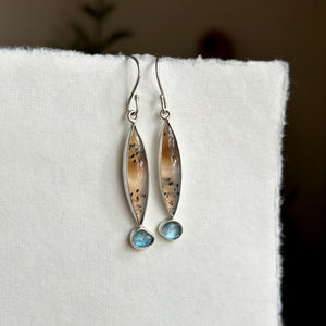 Narmada River Agate & London Blue Topaz Convertible Earrings - Sterling & Removable Leather Feathers