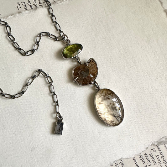 Dendritic Agate, Ammonite & Tourmaline Necklace - Sterling Silver
