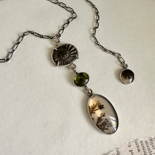 Dendritic Agate, Ammonite & Peridot Necklace - Sterling Silver