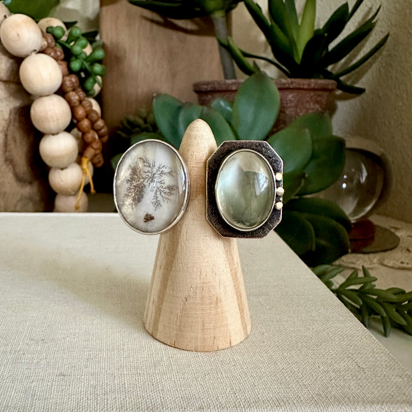 Dendritic Agate & Green Moonstone Ring - 18k & Sterling - Adjustable Sz 5/6