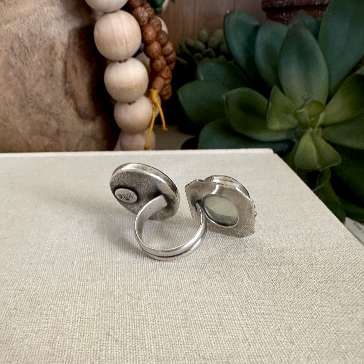 Dendritic Agate & Green Moonstone Ring - 18k & Sterling - Adjustable Sz 5/6