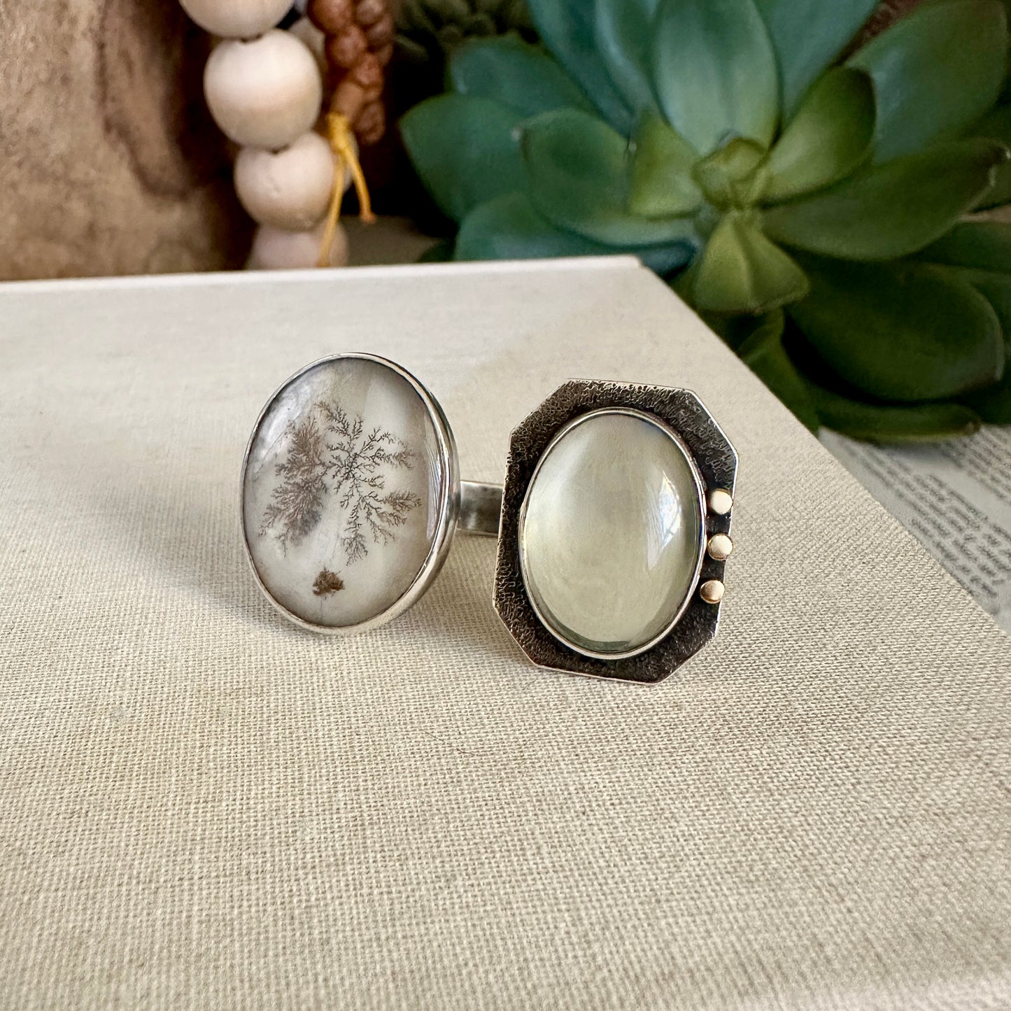 Dendritic Agate & Green Moonstone Ring - 18k & Sterling - Adjustable Sz 5/6