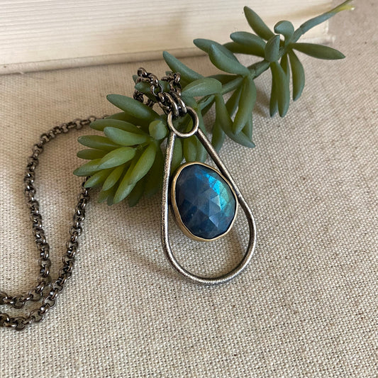 Negative Space Glasses Holder Necklace - Sterling, Brass & Labradorite
