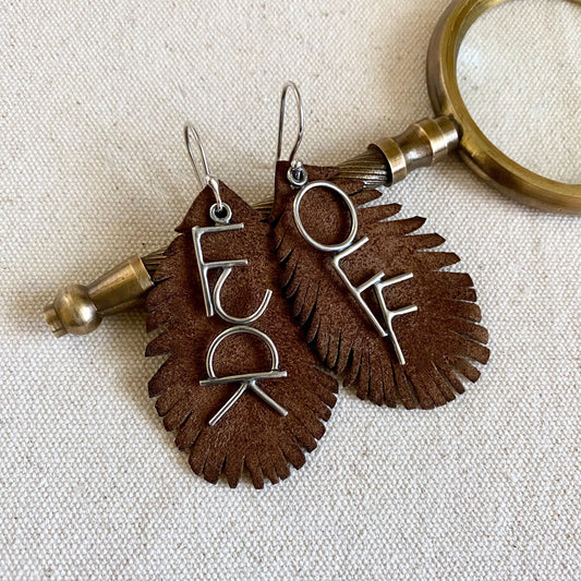 F*ck Off Earrings // Removable Leather Feathers - Sterling Silver