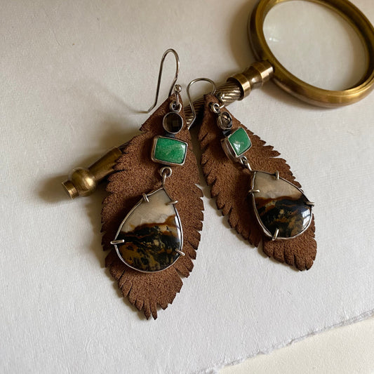 Scenic Jasper, Variscite & Quartz Earrings - Sterling & Removable Leather Feathers