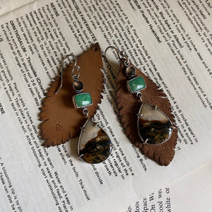 Scenic Jasper, Variscite & Quartz Earrings // Removable Leather Feathers // Sterling Silver